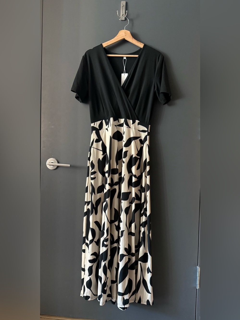 Women's Black & Cream Surplice Maxi Dress with Abstract Print